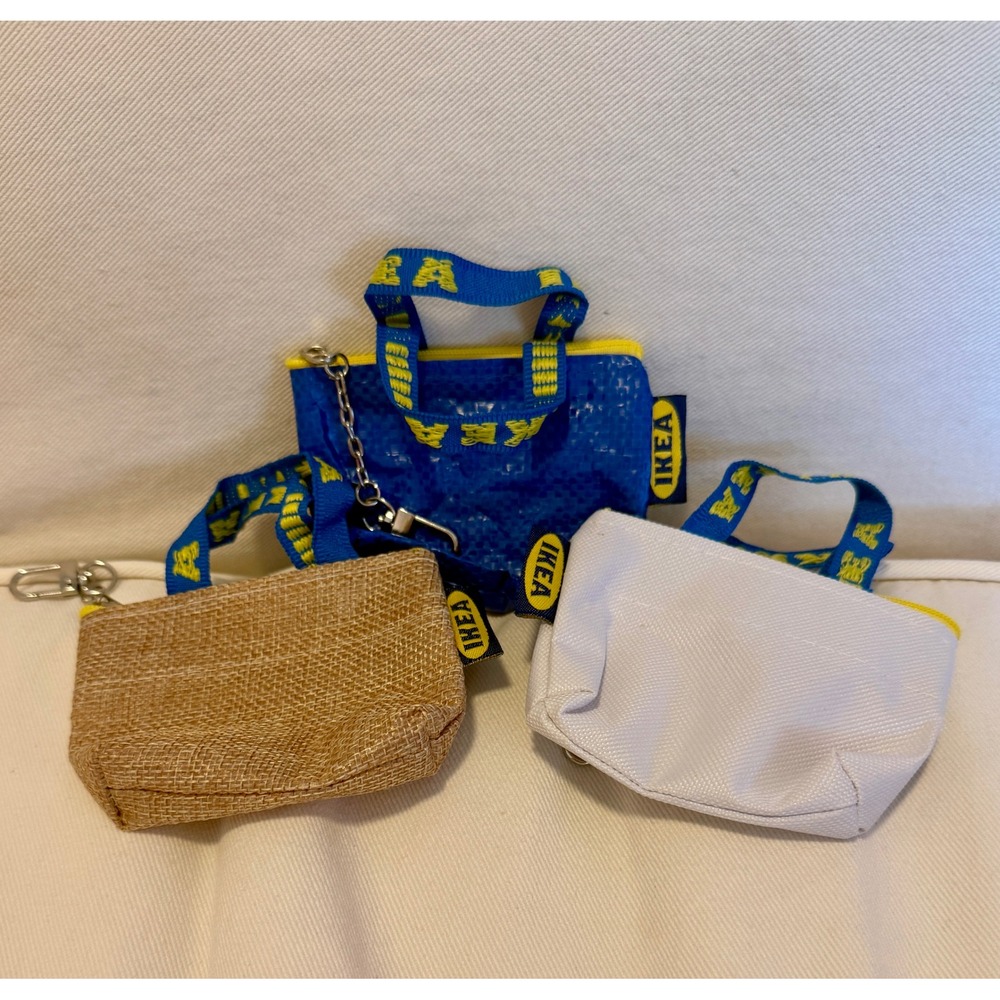 IKEA KNÖLIG Mini Bag Keychain Coin Purse Set‎ of 3 Blue White Tan Burlap Zipper